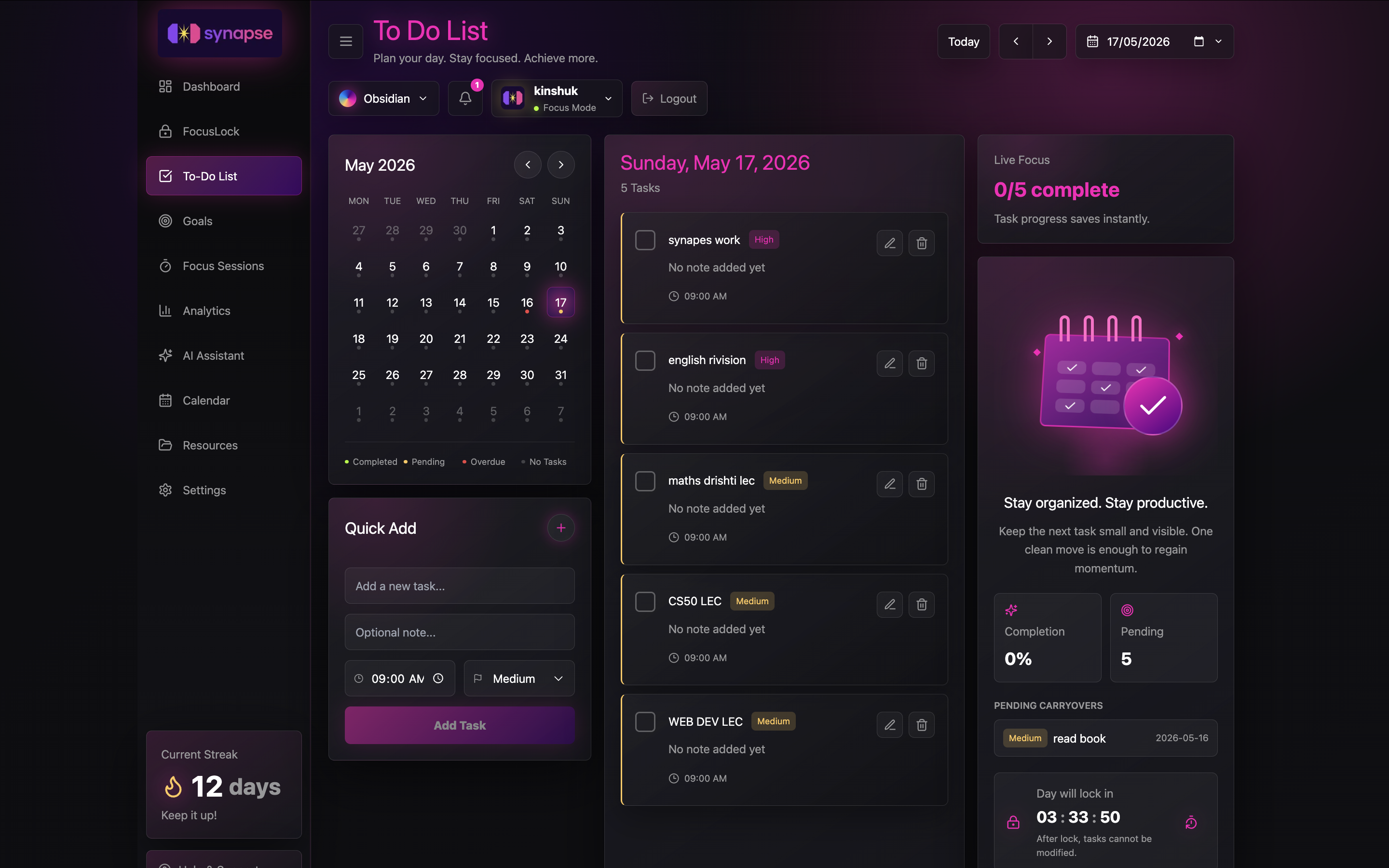 SYNAPSE todo page with calendar and tasks